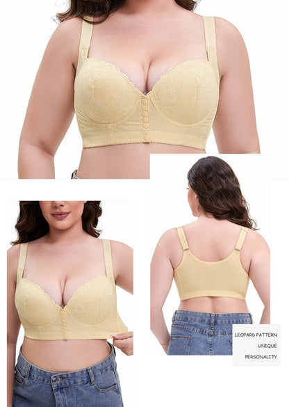 Adjustable strap front button lace bra