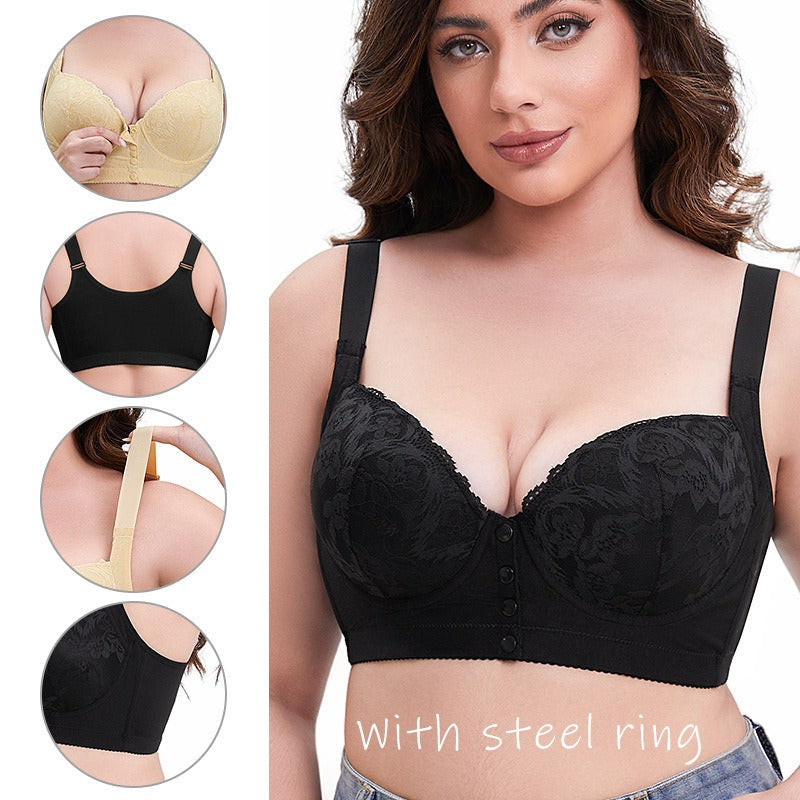 Adjustable strap front button lace bra