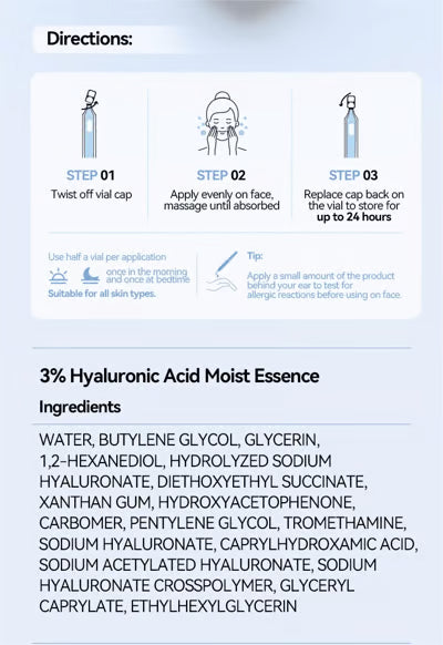 Ultra-Hydrating Serum -Vegan | 3% Hyaluronic Acid Glass Skin Single-Use Vials Skincare Comfort